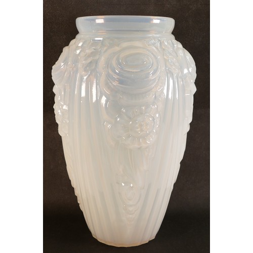 62 - Lorin Marsh Ltd. Art Deco moulded opalescent glass vase. Sticker to base. Height 30.5cm