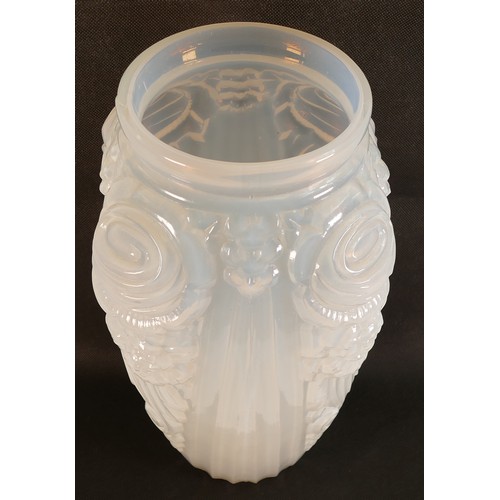 62 - Lorin Marsh Ltd. Art Deco moulded opalescent glass vase. Sticker to base. Height 30.5cm