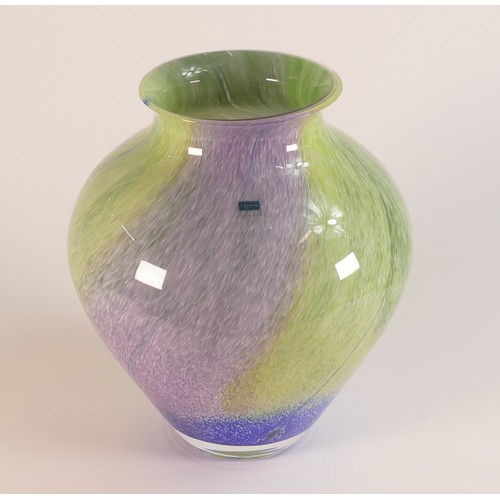 64 - Large Caithness glass vase with swirls of green and purple. Height 22cm