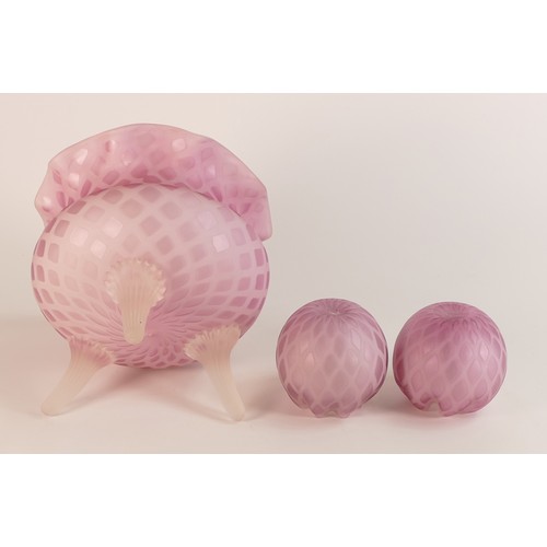 67 - In the style of Thomas Webb, two Quilted pink Satin glass small vases and a three footed pot. Height... 