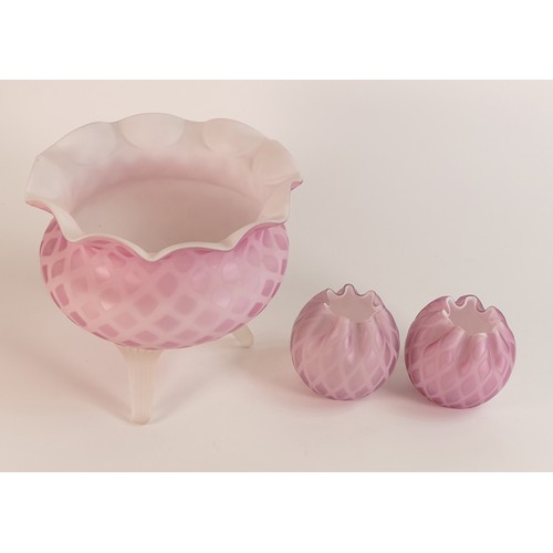 67 - In the style of Thomas Webb, two Quilted pink Satin glass small vases and a three footed pot. Height... 