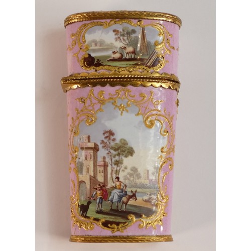 670 - 18th century Bilston enamel and gilt Etui with partial contents. Decorated with Fond Rose enamel and... 