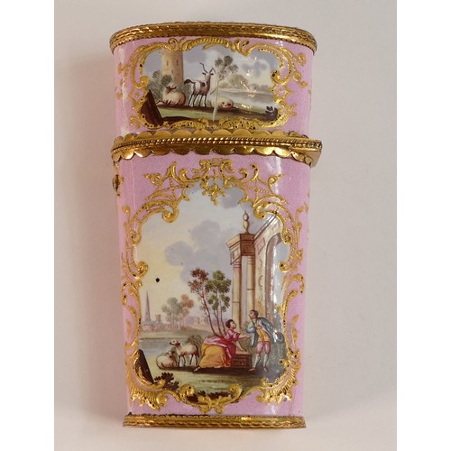 670 - 18th century Bilston enamel and gilt Etui with partial contents. Decorated with Fond Rose enamel and... 