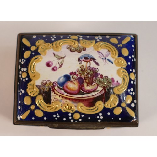 672 - 18th century Bilston enamel and gilt box with gilt interior. Decorated with blue enamel and yellow R... 