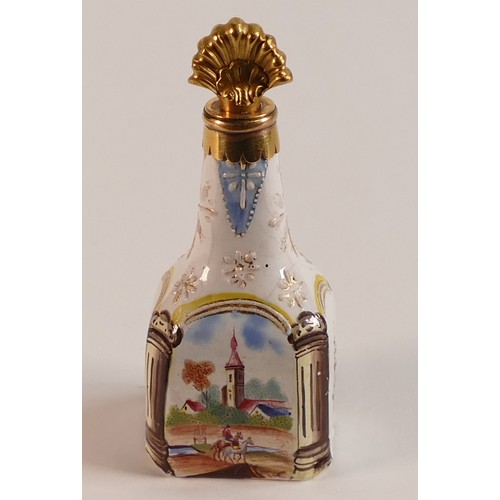 673 - 18th century Bilston enamel and gilt scent flask. Decorated with white enamel and gilt and yellow bo... 