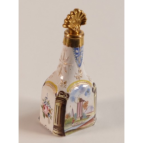 673 - 18th century Bilston enamel and gilt scent flask. Decorated with white enamel and gilt and yellow bo... 