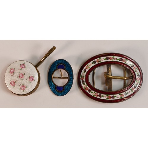 674 - Three 19th and later Guilloche Enamel items. Including two buckles, one with hand painted floral dec... 