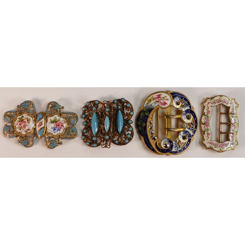 675 - Four 19th century Enamel buckles, including Champleve example. Three painted with floral sprays and ... 