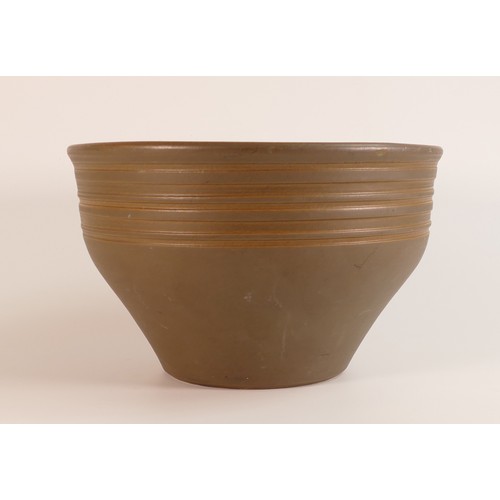 14 - Frank Brookes for Wedgwood, a studio stoneware pottery large footed bowl, brown glazed with banded t... 