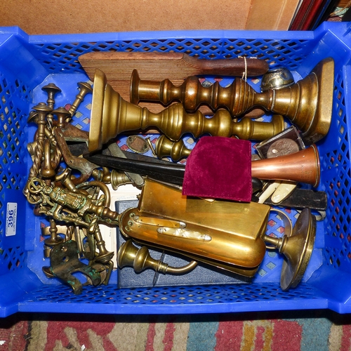 396 - A Collection of Mostly Metalware including Brass Candlesticks, Crumb Tray, Souvenir Coin, Coat Hange... 