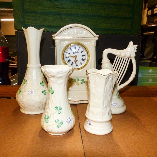 419 - Belleck Ceramics To Include Mantle clock, Three Various Vases Tallest 18cm and A/F Also A Harp(5)