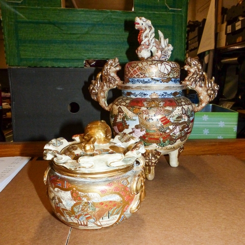 431 - Two Oriental Chinese Decorated Type Lidded Jars One Footed With Buddhistic Lion Handles (Slight Chip... 