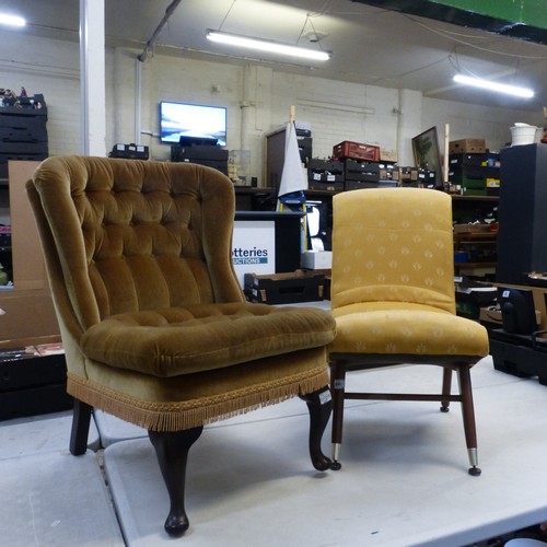 676 - Pair of Occasional Chairs
One in green fabric upholstered curved button back with mahogany cabriole ... 