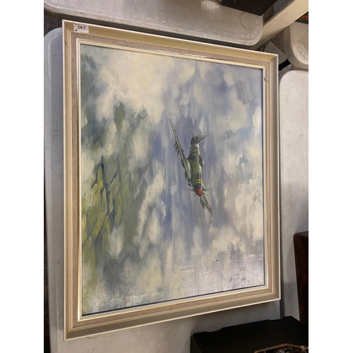 597 - H. Perrin (English) Spitfire in flight. Oil on Canvas. Whit and Gilt Frame. Size inlc frame, Height:... 