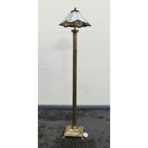 656 - Tall Brass style lamp with shade in the style of 'Tiffany' Untested (150cm H)