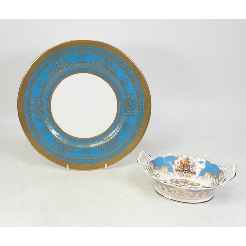 350 - Minton 30cm Cabinet Plate In Raised Gold and Turquoise also a 80cm Two Handled Bowl Depicting Queen ... 