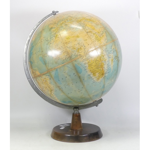 662 - Phillips Terrestrial Globe on fitted wood base. Some wear and foxing to map. Height: approx. 46cm