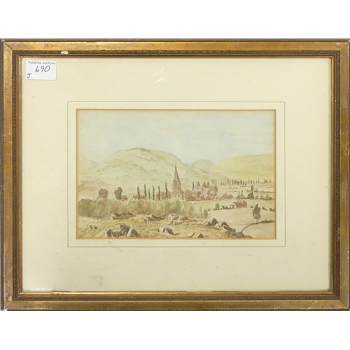 690 - Unknown (19th Century) Rural landscape with church in a mountainous setting. Watercolour on paper. F... 