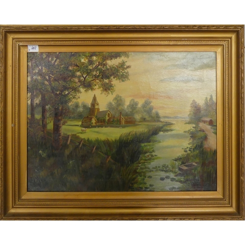 692 - Unknown (English, 19th Century) Rural church and river scene. Oil on Canvas in later gilt frame. Uns... 