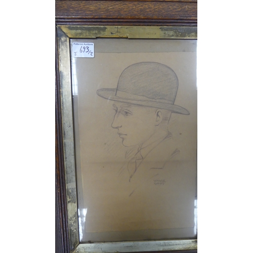 693 - UNDERWOOD (Early 20th Century) Portrait Sketches of a Gentleman in a Bowler Hat together with a Lady... 