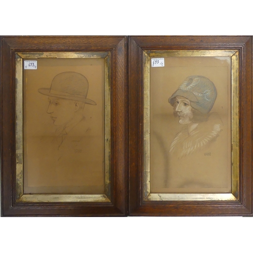 693 - UNDERWOOD (Early 20th Century) Portrait Sketches of a Gentleman in a Bowler Hat together with a Lady... 