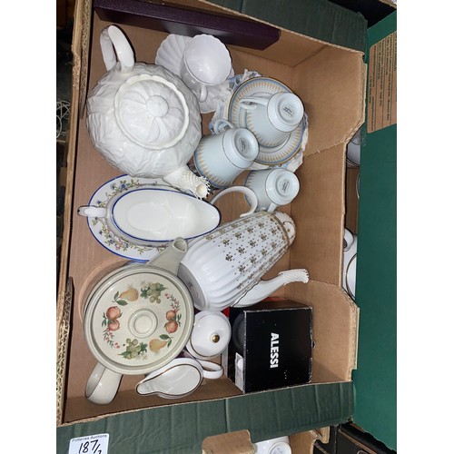 187 - A Mixed collection of teacups and teapots- 2 boxes