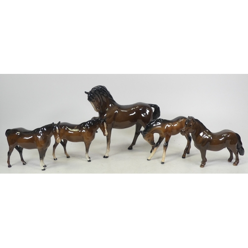 202 - Five Beswick Horses to include Exmoor Pony Model No. 1645, Foal Model No.947, Prancing Stallion Mode... 