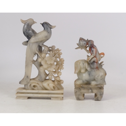 224 - Two Soapstone Sculptures, Depicting 'Two Phoenixes perched on a blossom tree' and 'Monkey eating on ... 