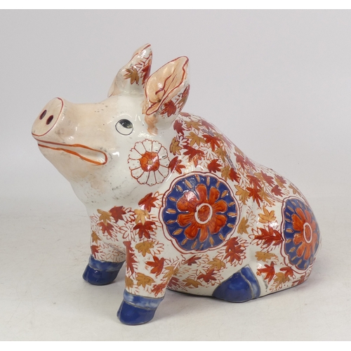 225 - Japanese Handpainted Decorated Floral Porcelain Sitting Pig 20cm Tall