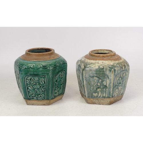 244 - Two Green glazed Hexagonal Ginger Jars/ Vases. (H:14cm) (2)