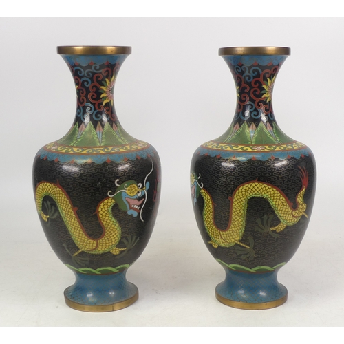 337 - Pair of Chinese Oriental Cloisonne Vases. Images of four toed dragons. Some damage/dents to enamel. ... 