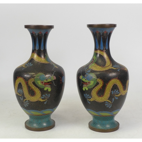 338 - Pair of Chinese Oriental Cloisonne Vases. Images of four toed dragons. Some damage/dents to enamel. ... 