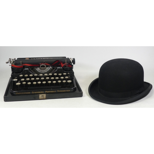 403 - Underwood Standard Portable Typewriter with case and Austin Reed Bowler Hat. (L:31cm x W:25cm x H:13... 