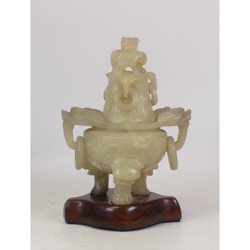 405 - Chinese Jade/Soapstone hand carved Censor Decorated with Mythical Beasts complete with wooden plinth... 