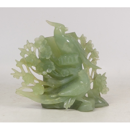 410 - Chinese Jade/Soapstone hand carved candle holder decorated with birds, boxed. (H:15cm)