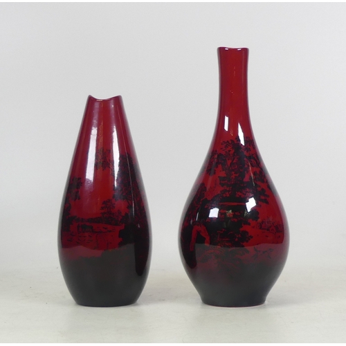 457 - Royal Doulton, Two Flambe Woodcut Vases. Shape no.'s 1612 and 1613. Height of tallest: 20cm (2)