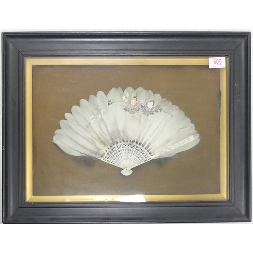 505 - Framed Japanese Folding Fan with Feathers decorated with a bird on a blossoming bow. (L:59cm x W:44c... 