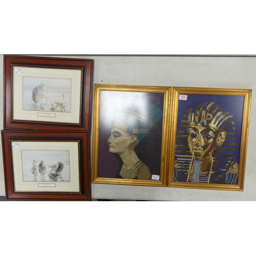 552 - Four Framed Pictures, includes two Egyptian themed textile examples and two prints after watercolour... 