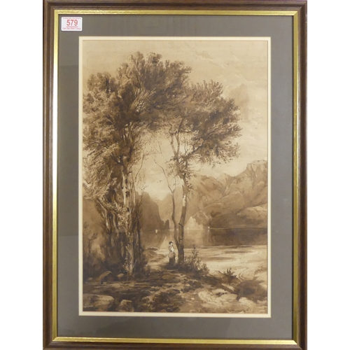 579 - Unknown (English, Early 20th Century) Sepia Mountainous Lake Scene. Watercolour on paper. Framed beh... 