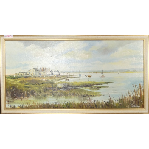 581 - Denys Garle (English, 20th Century) Coastal Harbour Seascape. Oil on board. Gilt and white frame. Si... 