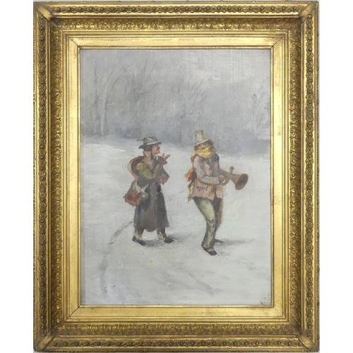 587 - E. A. C. (19th Century) Travelling musicians in the snow. Oil on canvas. In gilt frame. Size incl fr... 