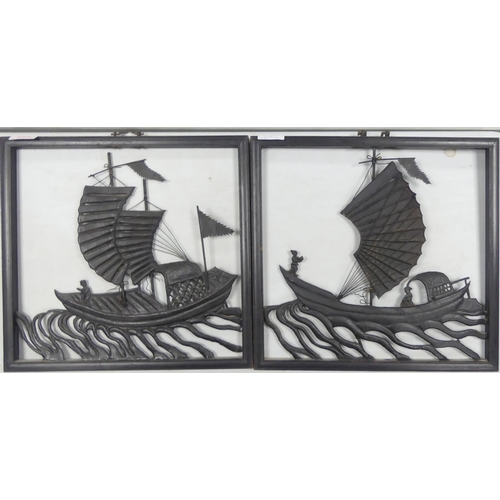 589 - Pair of Chinese Framed Metal Images of Junk Ships. Height: 34.5cm