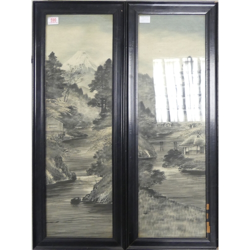 590 - Pair of Early 20th Century Japanese Ink on Rice Paper Landscapes. Size incl. frame, Height: 93cm Wid... 