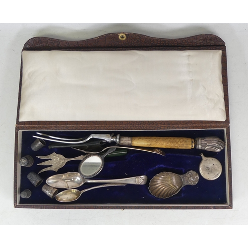 593 - Selection of Silver to include Ornate large serving fork, Two vanity mirror, Five thumbnails, One ca... 