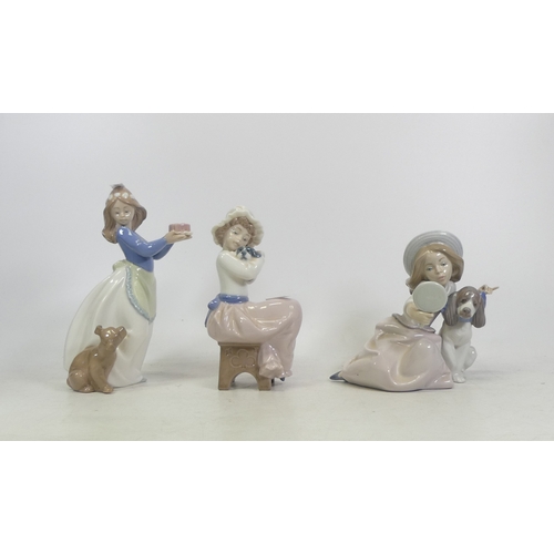 371 - One Lladro and two Nao Figures of a girl holding a cake and two girls with puppies (3)