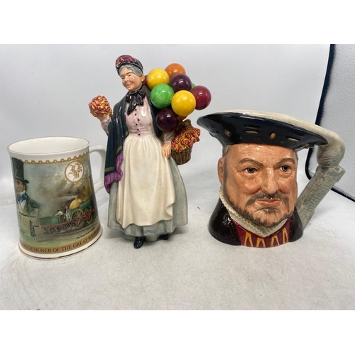 28 - Royal Doulton, Biddy Penny Farthing HN1843, Character Jug Henry VIII and an Aynsley Isambard Kingdom... 