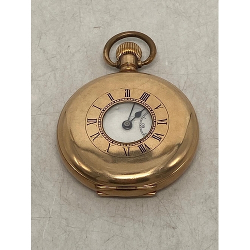 598 - Dennison Star Gold Plated Half Hunter Pocket Watch. some scratching to opening of back and inner bac... 