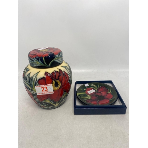 23 - Moorcroft Tree Peony pattern Ginger Jar 15.5cm tall together with Moorcroft Anemone pin bowl (boxed)... 