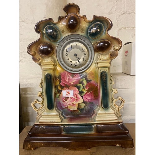 26 - An ornate Pottery mantle clock 46cm H x 35cm W x 17cm D