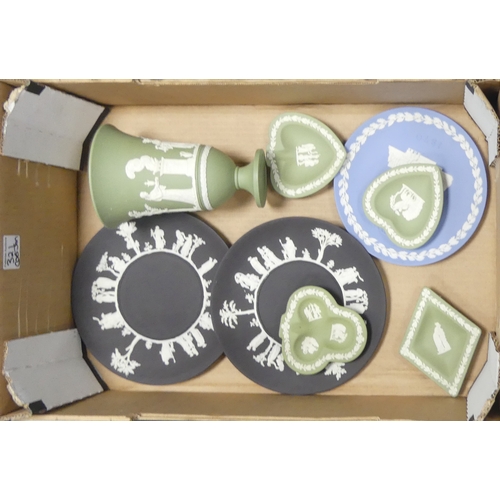 321 - Wedgwood Jasper Including Sage Green Footed Vase H:20cm, Set of four Pin Trays Heart, Diamond, Club,... 